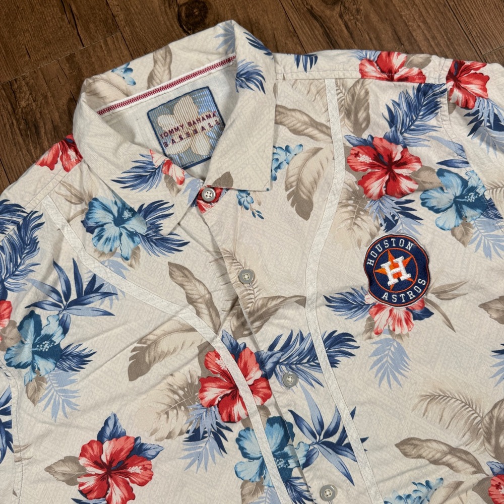 Tommy Bahama Baseball Shirt Mens XXL Cream Tropical Floral Houston Astros Jersey